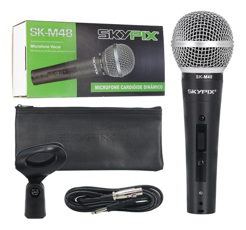 Microfone Dinâmico Profissional Sk M48 C/ Fio Vocal Karaokê Cor Preto