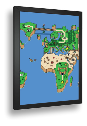 Quadro Decorativo Poste Super Mario Franquia Mapa Vidro A3