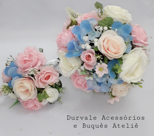 Buquê De Noiva G E Dama Flor Artificial Rosas Azul Casamento | Frete grátis