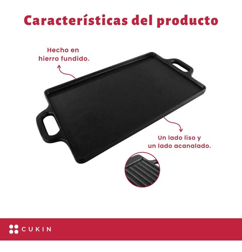 Imagen 4 de 8 de Plancha Churrasquera De Hierro Fundido 2 En 1 - 45x22x1.5cm