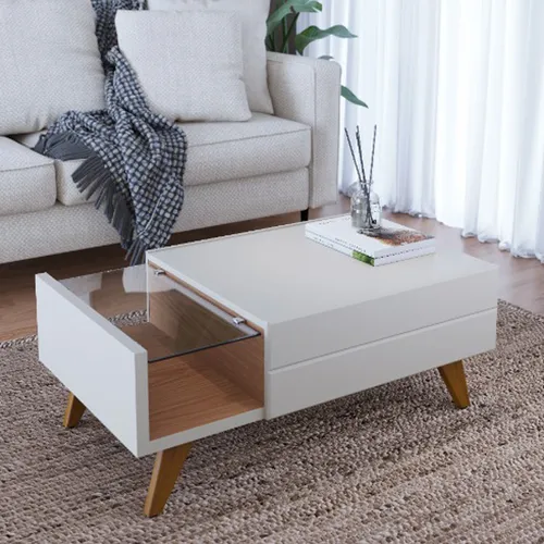 Mesa De Living 1 Cajon Rieles Metalicos Estante De Vidrio Marrón