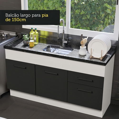 Fregadero Agata Madesa, 150 cm, 2 puertas y 2 cajones, sin tapa, color blanco/negro
