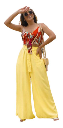 Imagem 1 de 4 de Calça Pantalona Feminina Alfaiataria Cintura Alta Amarração