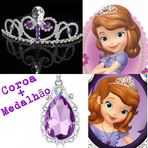 Tiara E Amuleto Colar Princesa Sofia Coroa Strass Fantasia Cor Violeta