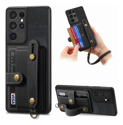 Funda De Cuero Con Pulsera Cruzada Para Samsung