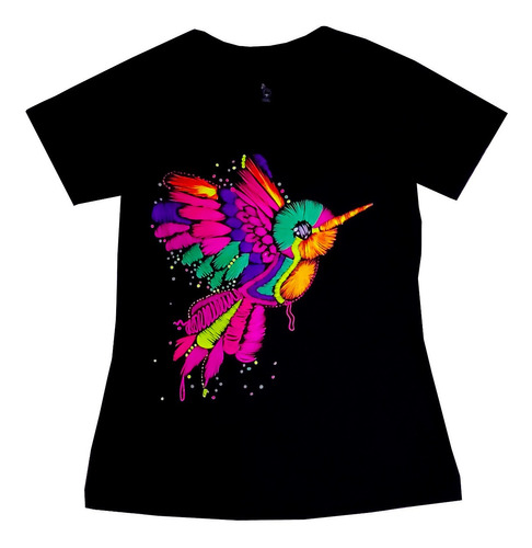 Blusa Playera Dama Colibrí Efecto Bordado Neón Con Luz Negra