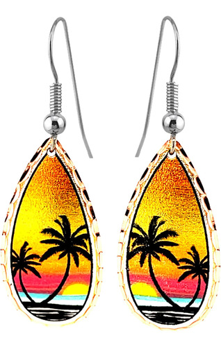 Aretes De Palmera De Cobre Artesanal Con Puesta De Sol, Aret