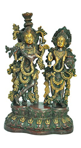 Elegante Estatua De Radha Krishna De Latón En Rojo Antiguo, 