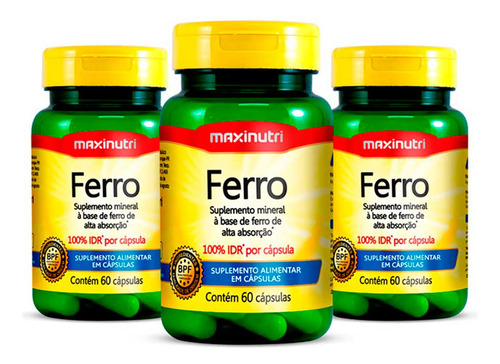 Kit 03 Ferro 100% Idr Com 60 Cápsulas Maxinutri