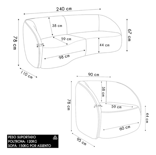Sofá 3 Lugares Orgânico 240cm E Poltrona Zion M22 Veludo Beg