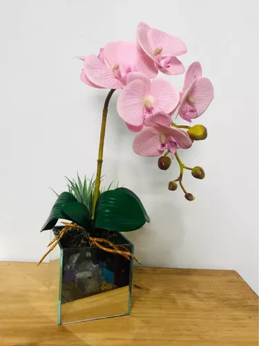 Arranjo De Orquídeas Permanentes Em Silicone Vaso Espelhado