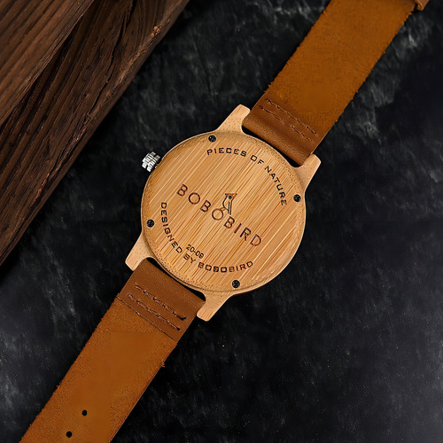 Reloj De Madera Bobo Bird Gt048 Bambú 44 Mm Con Caja Correa Café Bisel Café Fondo Negro