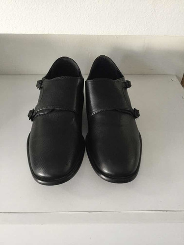 Zapato De Piel Doble Hebilla Color Negro Para Caballero 2-65