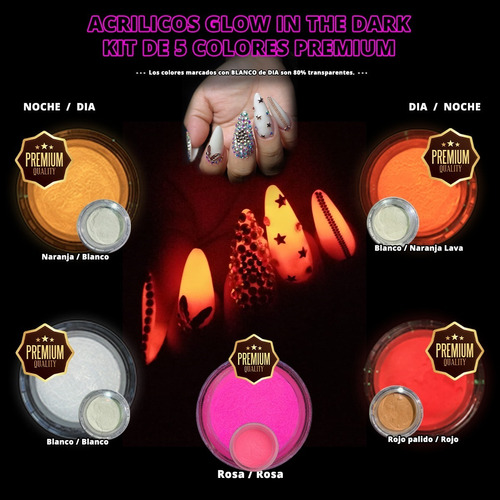 Polvo Acrilico Glow Para Uñas Kit 5 Colores Premium 120gr