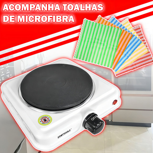 Fogão Fogareiro Cook Top Chapa 127v Elétrico Portátil 1000w Com Paninhos Flanela Pano Microfibra