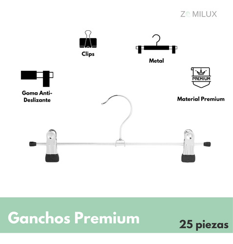 25 Ganchos Para Pantalones Con Clips Y Gomas Antideslizantes - Resistente y Duradero - Color Plateado