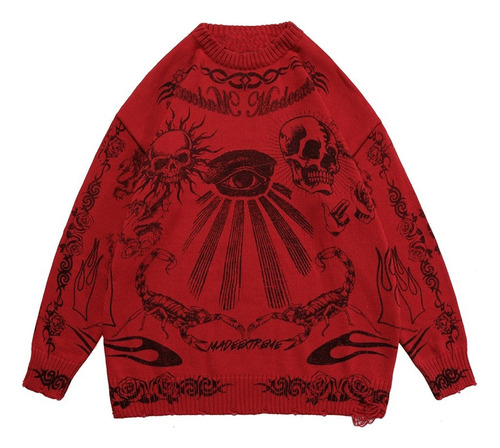 Gothic Punk Rock Hip Hop Skull Flames Y2k Knit Sweater