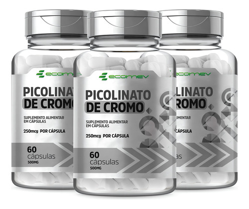 3x Picolinato De Cromo 250mcg Por Cápsula Alta Concentração 180cp Ecomev