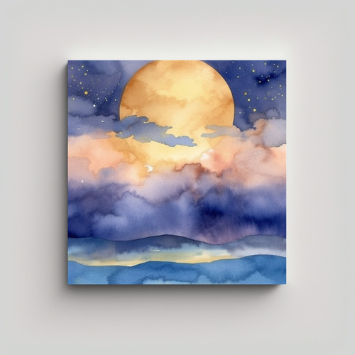 70x70cm Cuadro Decorativo Moderno, Atardecer Acuarela Azul E