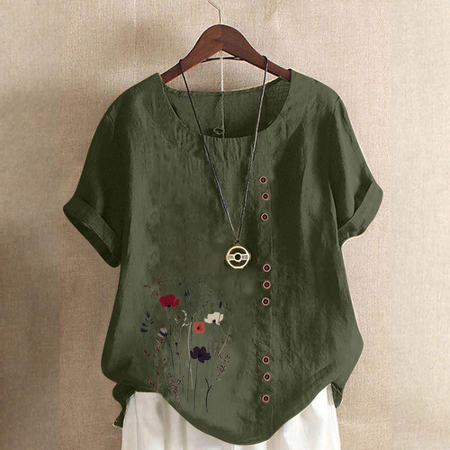 Una Blusa Casual Y De Lino Estampada Con Cuello Redondo Y Ma