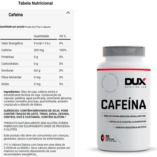Cafeína - Pote 90 Cápsulas Dux Nutrition Sabor Sem sabor Tamanho Valor customizado