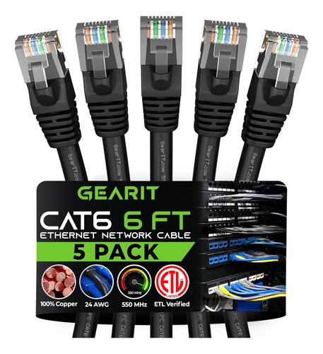 Paquete De 5 Cables Gearit Ethernet Cat6 Snagless Patch 6 Pi