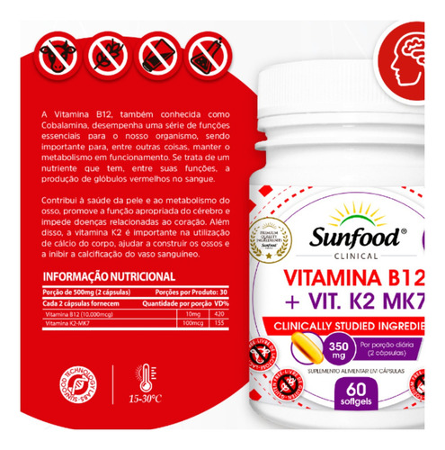 Vitamina B12 + Vitamina K2 Mk7 - 60 Caps - Sunfood Clinical Sabor Without flavor
