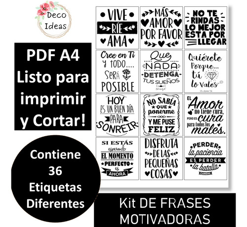 Imagen 2 de 5 de Kit Imprimible 01 Frases Positivas Tarjetas Topper Stikers