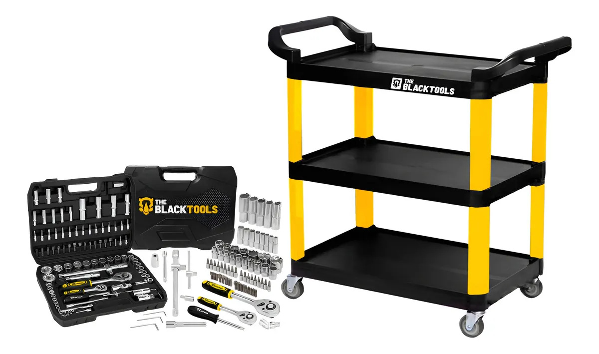 Carrinho Para Ferramentas Organizodor 3 Prateleiras Com Jogo Ferramentas Soquetes Chaves Bits 94 Peças The Black Tools