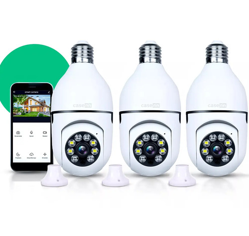 Kit 3 Câmera Lampada De segurança Ip Wifi Com Visão Noturna Interna Externa App Yoosee Espiã 360º Cor Branco Casenn
