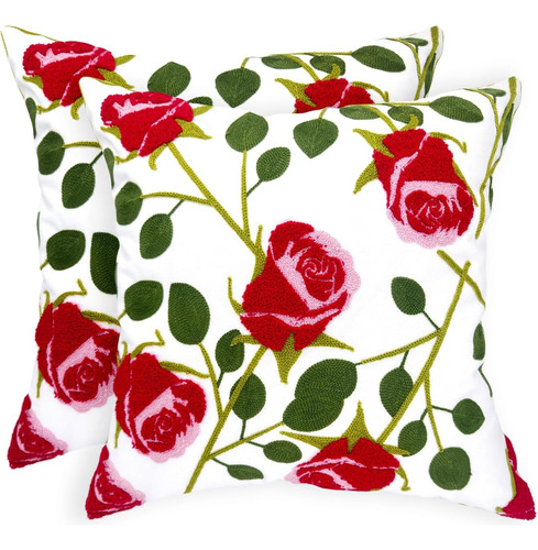 Cojines Decorativos Bordados Florales, Set De 2 Con Rosas Ro
