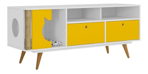 Rack Tv 60  Retro Mascota Cat Angora Blanco Amarillo