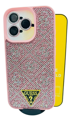 Funda Lujo Brillos + Mica Cristal Para Iphone 16 Pro Rosa Lujo
