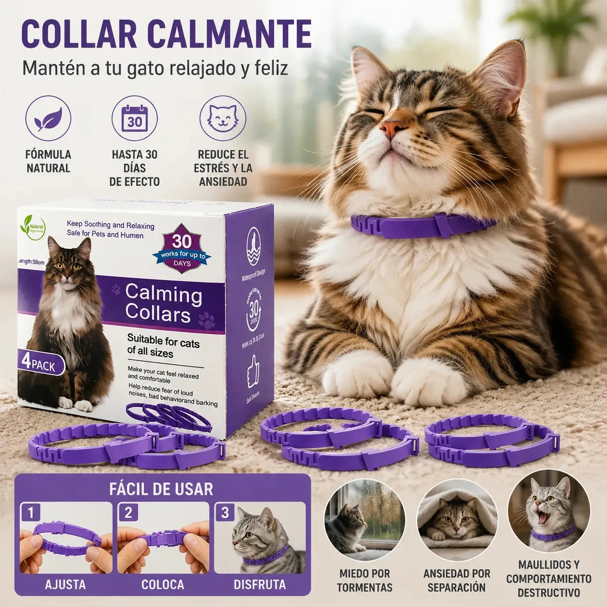 Collares Calmantes de Feromonas para Gatos, Pack de 4 con Longitud de 38cm