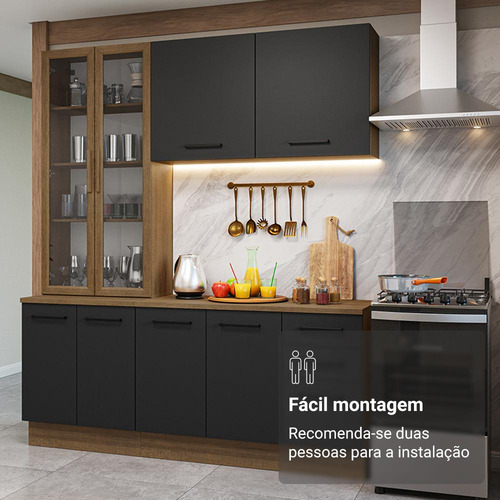 Armário Cozinha Completa 190cm Cristaleira Agata Madesa 01 Cor Rustic/Preto
