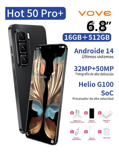 2025 El Últimos Precios Más Barato Teléfono Inteligente Con Audífonos De Regalo Vove Hot 50 Pro+ Dual Sim 16g Ram 512gb Smartphone Android 14 5g Wifi Negro