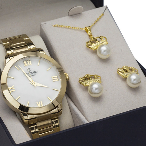 Relógio Champion Dourado Feminino Original + Colar Brinco