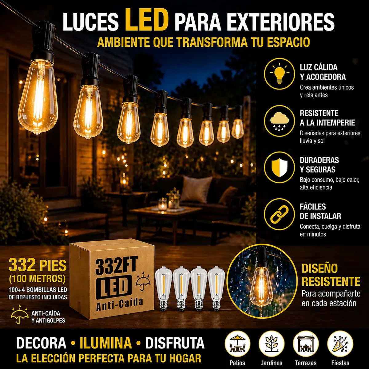 100m Guirnalda De Luces LED Vintage SHILIUKUKE, Con 100+4 Focos De Plástico ST38 Blanco Cálido, Conectable Y Para Exterior/Interior