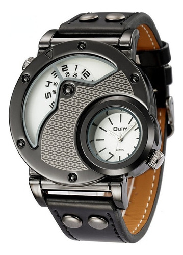 Reloj Impermeable De Cuero Oulm Two Time Zone .