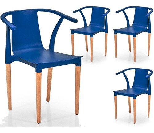 Silla De Comedor Plástico Patas De Madera Colores - Palta X4 Asiento Azul Marino