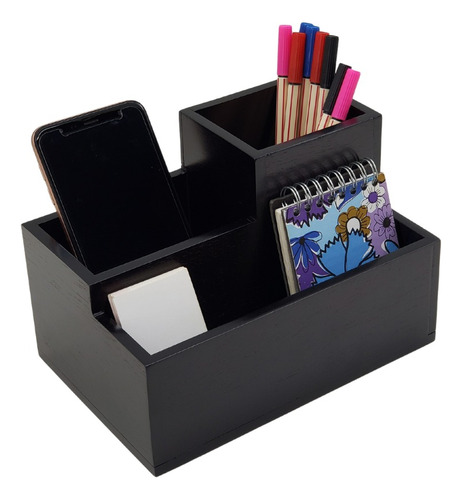 Organizador Mesa Escritório Porta Lapis Madeira Preto Luxo