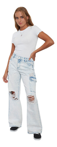 Jeans Mujer 90´s Cargo Roturas Azul Claro Corona