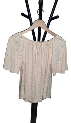 Blusa Manga Corta Tela Broderie De Lycra Beige Talle M 