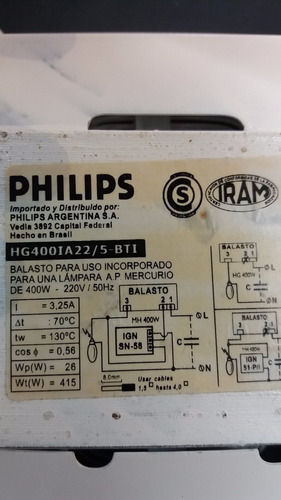 Balasto Hg 400 P/ Lampara De Mercurio 400w Philips Hpln Ojo¡