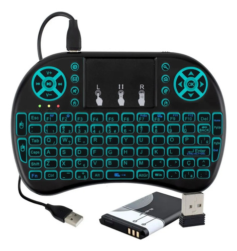Mini Controle Led Teclado Sem Fio Tv Box Al- 313 Mouse Preto Teclado Preto