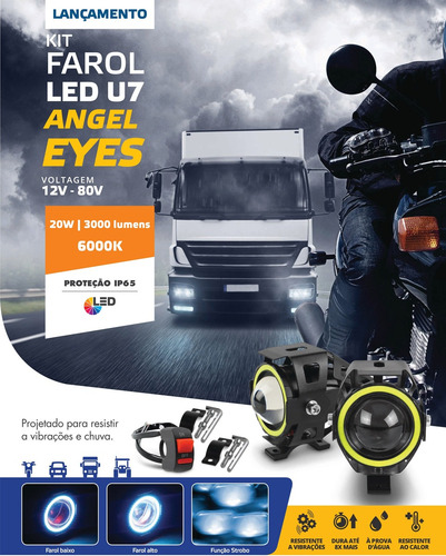 Par Farol Led Angel Eye Auxiliar Neblina Moto U7 Luz Branco