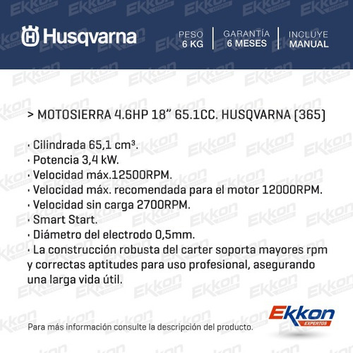 Imagen 2 de 6 de Motosierra Husqvarna 65.1cc Cadena 18pLG Podadora Nafta 365