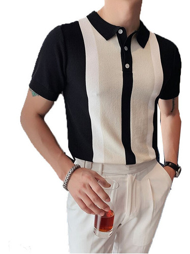 Camisa De Punto A Rayas Para Hombre, Jersey De Solapa, Panta