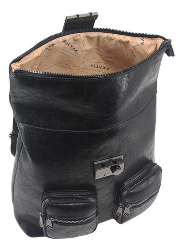 Mochila Simil Dama Apertura Superior V/ Bolsillos- La Valija Color Negro Diseño De La Tela Simil Cuerina