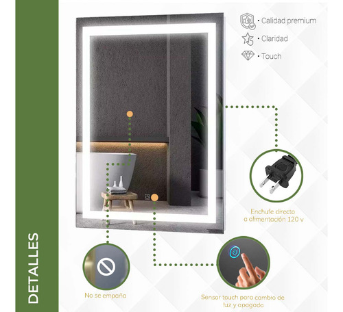Espejo Pared Baño Luz Led Tactil 3 Modos Antivaho Decorativo